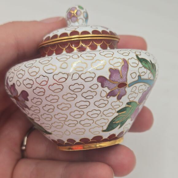 Vintage Mid-Century 3” Chinese Enameled Cloisonné Ginger Jar With Lid Small Pink - Picture 2 of 7